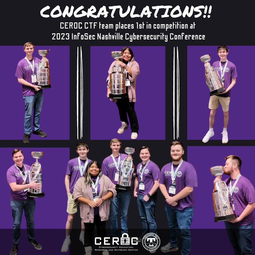 TNTechCEROC's tweet photo. Congratulations to the CEROC CTF team for placing 1st in the Capture the Flag competition held at the 2023 InfoSec Nashville Cybersecurity Conference! The CTF team members that competed are Landon Byrge, Anna Timmcke, Landon Crabtree, Nate Dunlap, and Micah Jones. https://t.co/bu5WpBDoND