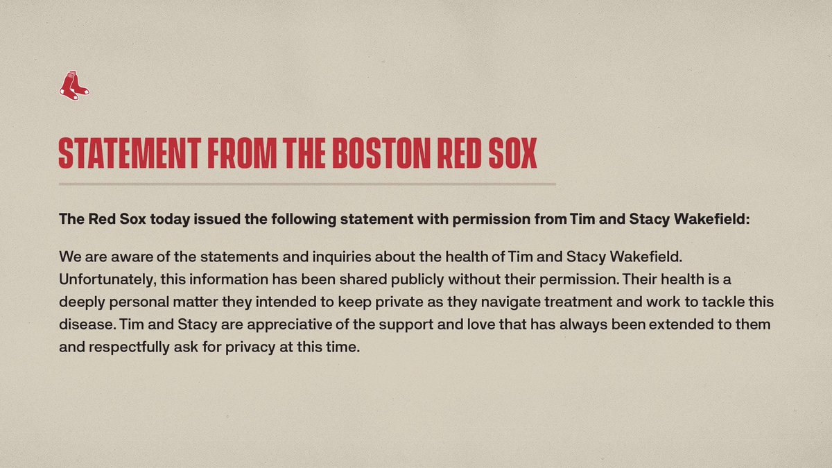 The #RedSox today issued the following statement with permission from Tim and Stacy Wakefield: