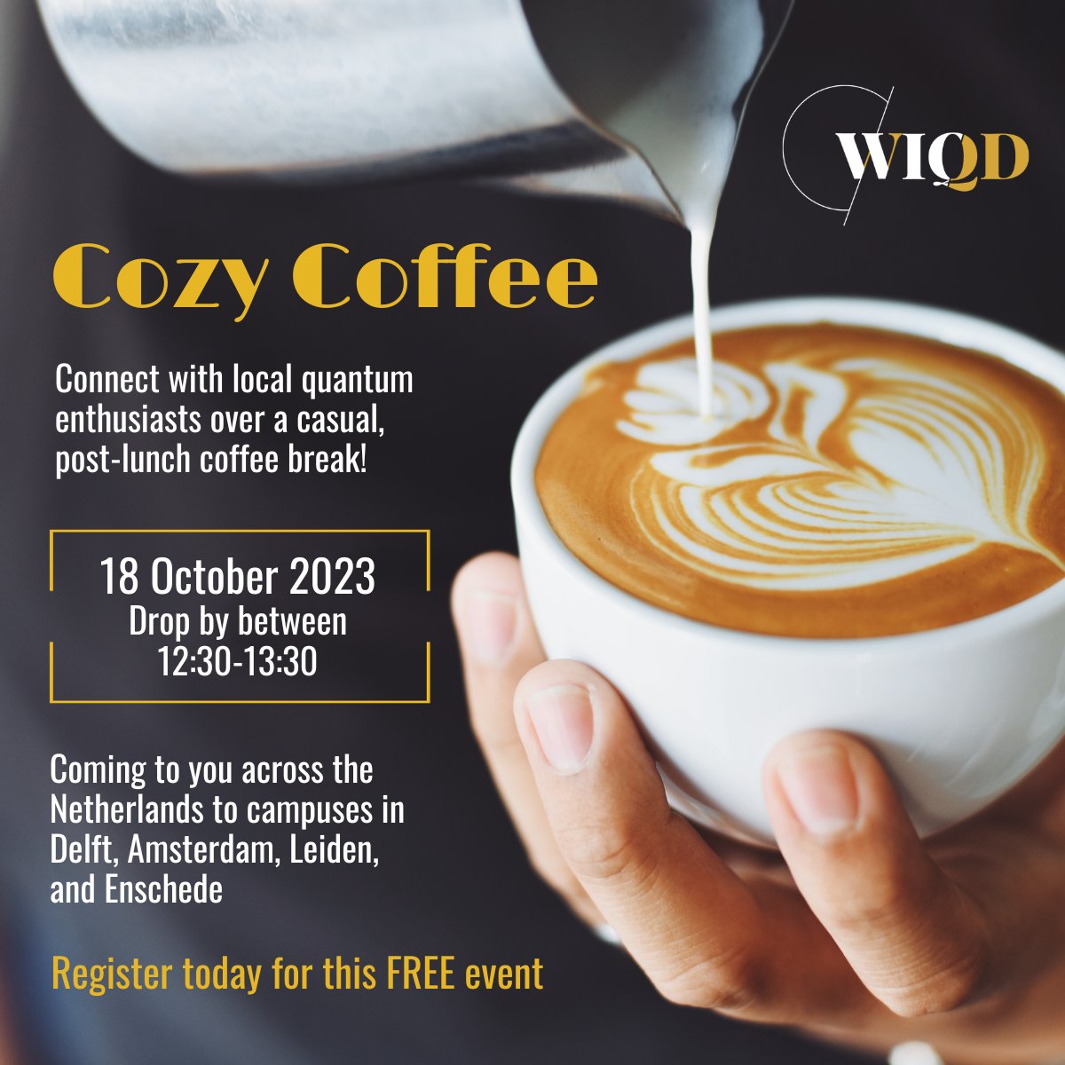 Connect with local #quantum enthusiasts over a coffee after lunch on Wednesday Oct 18! Drop by anytime between 12:30-13:30 for a complimentary coffee or tea on campuses in Delft, Amsterdam, Leiden, and Enschede. Bring your colleagues and register today: forms.gle/8PKS2d6bb4z7e9…
