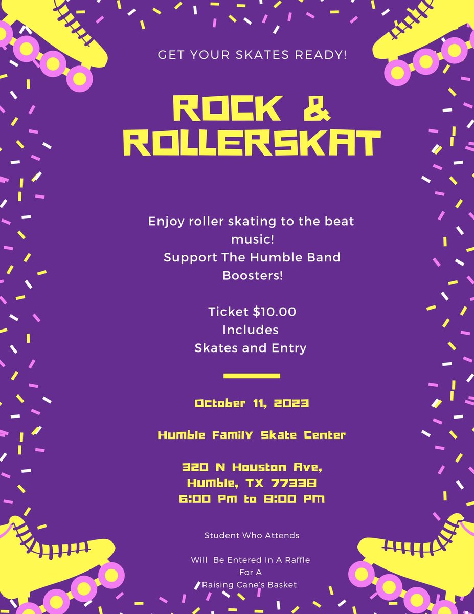 Roll with us on October 11 at the Humble Family Skate Center to support the Humble Band Boosters! 🛼🎸🤘