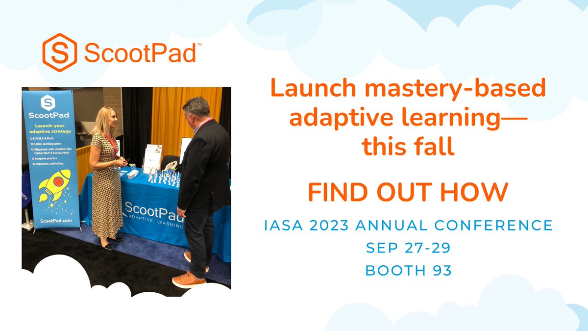 ScootPad's tweet photo. Stop by and see @elisha_johnson3 at the #IASA23 Conference today! #AdaptiveLearning #PersonalizedLearning #ITeachELA #ITeachMath https://t.co/UKxa8ENQTN