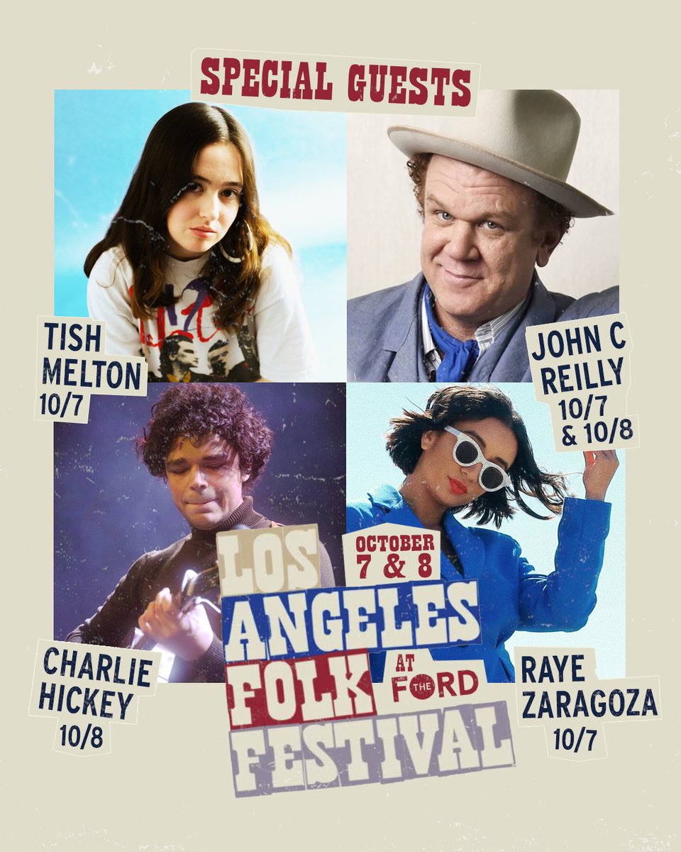 Announcing a few special guests here for LA Folk Fest! Excited to have more insanely talented friends join the party &amp; sing a song or two between sets. We’ve got John C Reilly, <a href="/CharlieHickeyy/">Daniel Haim</a>,  Tish Melton, and <a href="/rayezaragoza/">Raye Zaragoza</a>. 
Come celebrate with us Oct 7 &amp; 8!