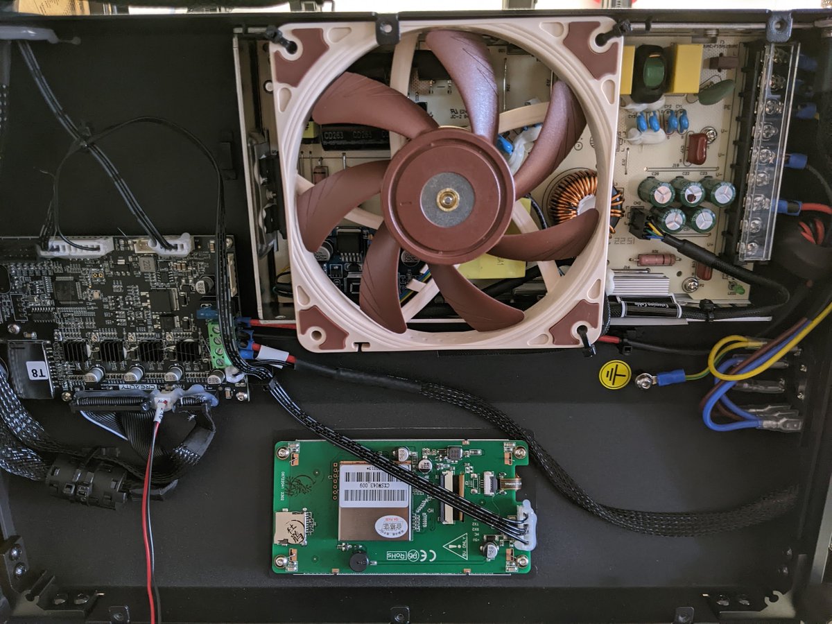 baumcrypto's tweet photo. Made this @Noctua_at NF-A12x15 PWM silent mod for my @Creality3dP Ender 5 S1 today. The blue board is a LM2596S DC-DC Buck Converter to go from 24V to 12V. https://t.co/WbeefVPeMg