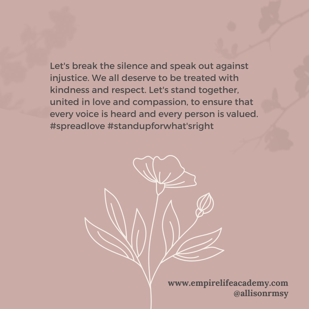 Allison__Ramsey's tweet image. Let&apos;s break the silence and speak out against injustice. We all deserve to be treated with kindness and respect. Let&apos;s stand together, united in love and compassion, to ensure that every voice is heard and every person is valued. 
#spreadlove #standupforwhatisright