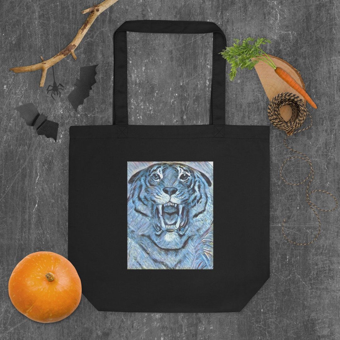 RadioBarz's tweet photo. Upscale your trick-or-treat night with the Blue Tiger Eco Tote Bag - Etsy https://t.co/Z4fWDhPqqF https://t.co/lSWasoOJtP