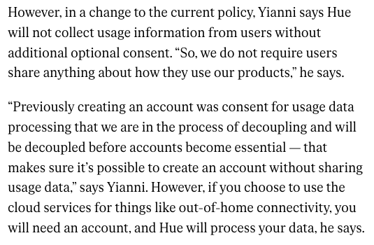 home_assistant's tweet photo. Good news! It looks like the noise you have all made has convinced @tweethue to reconsider. They will not force data sharing on user accounts, according to their response in this @verge article. We do await the exact changes to their policy. https://t.co/Oe9vB3pYdr