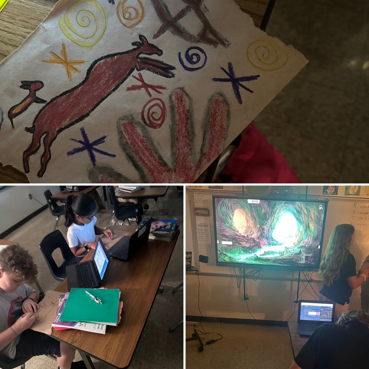 Ms. Wilson’s students created their own cave art in SS class today! She brought in real charcoal & had cave ambiance playing to create an authentic learning experience. 💯 of students were engaged & eager to share about their artwork! @CrosbyMiddle #ThePlaceToBe @clryan25