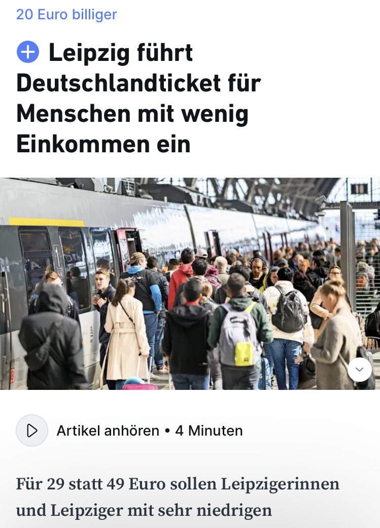Maximilian Becker (@bckrmx) on Twitter photo Starke Sache. 💪🚩
Auf Initiative der Linksfraktion im Leipziger Stadtrat führt Leipzig ein verbilligtes Deutschlandticket ein.
29 statt 49 Euro!
Danke an alle, die daran mitgewirkt haben. <a href="/LinksfraktionLe/">DIE LINKE. Fraktion im Leipziger Stadtrat</a> #Leipzig #deutschlandticket Starke Sache. 💪🚩
Auf Initiative der Linksfraktion im Leipziger Stadtrat führt Leipzig ein verbilligtes Deutschlandticket ein.
29 statt 49 Euro!
Danke an alle, die daran mitgewirkt haben. <a href="/LinksfraktionLe/">DIE LINKE. Fraktion im Leipziger Stadtrat</a> #Leipzig #deutschlandticket