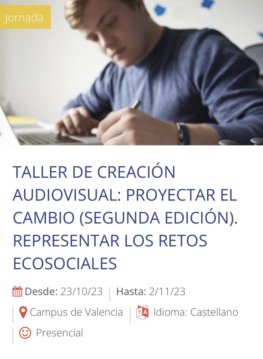 📹 Los días 23, 24, 30, 31 de octubre y 2 de noviembre tendrá lugar la segunda edición del 𝗧𝗮𝗹𝗹𝗲𝗿 𝗱𝗲 𝗖𝗿𝗲𝗮𝗰𝗶𝗼́𝗻 𝗔𝘂𝗱𝗶𝗼𝘃𝗶𝘀𝘂𝗮𝗹 en la <a href="/UPV/">Universitat Politècnica de València</a>. 
👉 Inscripciones: cfp.upv.es/formacion-perm…