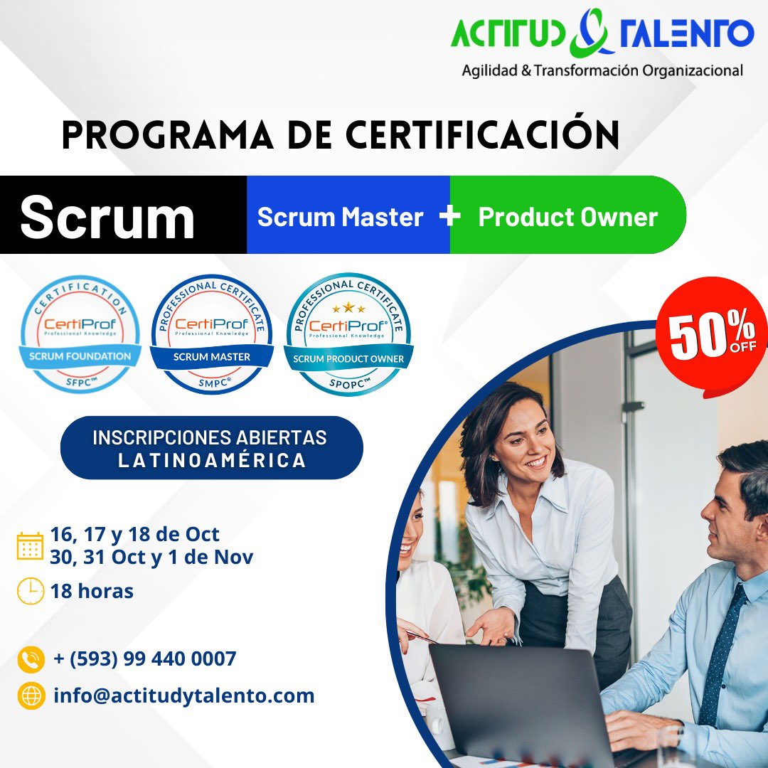 Últimos días de esta promoción. 
Aprende y certifícate en Scrum, actualmente el marco de trabajo ágil más usado y difundido. 
Con certificaciones de <a href="/CertiProf/">CertiProf LLC</a> 
Facilitador <a href="/EdgarAlvarez_ec/">Edgar Alvarez</a> 

Reserva tu cupo  wa.link/8w8hdo