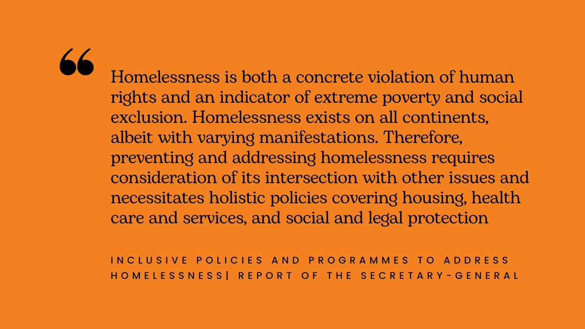 Today, the United Nations @UN Secretary General will present a landmark report on #homelessness that recognizes the issue as both a concrete violation of #humanrights and an indicator of extreme poverty and social exclusion. Read the report here: bit.ly/454w1eQ