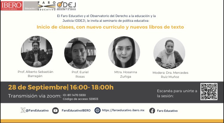 #SeminarioPermanenteFaroODEJ💡|¡Les esperamos el día de hoy (16:00 h) en el seminario de política educativa!Se conversará sobre: “El Inicio de clases, con nuevo currículo y nuevos libros de texto”. Participa: Alberto Sebastián Barragán, @EurixRole, Hosanna Zúñiga y Mercedes Ruiz.