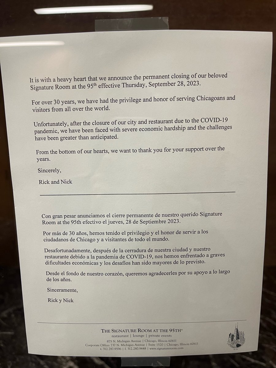 MaryAnnAhernNBC's tweet photo. Sign at the Signature Room, iconic #Chicago restaurant closing https://t.co/0XYex5nkUw