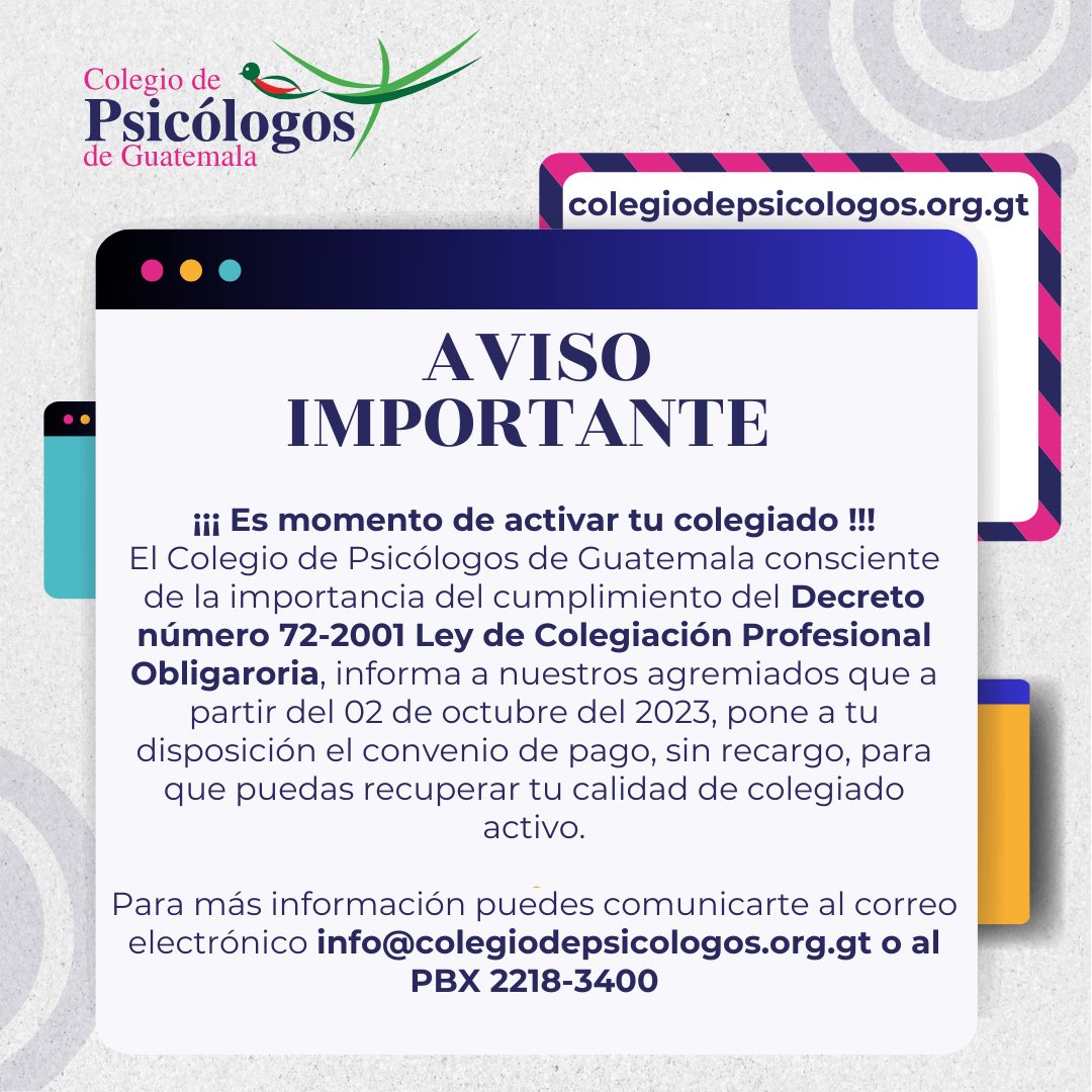 ColPsicologosGT's tweet photo. 𝐄𝐬 𝐦𝐨𝐦𝐞𝐧𝐭𝐨 𝐝𝐞 𝐚𝐜𝐭𝐢𝐯𝐚𝐫 𝐭𝐮 𝐜𝐨𝐥𝐞𝐠𝐢𝐚𝐝𝐨 ✅ 𝐓𝐞𝐧𝐞𝐦𝐨𝐬 𝐮𝐧 𝐚𝐯𝐢𝐬𝐨 𝐢𝐦𝐩𝐨𝐫𝐭𝐚𝐧𝐭𝐞 𝐩𝐚𝐫𝐚 𝐭𝐢 ⚠️

#profesionales #psicologíaguate #psicologia #colegiado #convenio #decreto https://t.co/3H6gGeYf4r