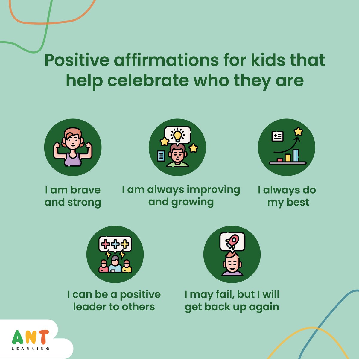 antlearninguk's tweet photo. Learn the importance of positive affirmations and start incorporating them into your family’s daily routine. To help get you started, we’ve created a list of positive affirmations for kids to help boost their confidence, self-esteem, positive self-talk, and overall well-being. https://t.co/t6tEYymtid
