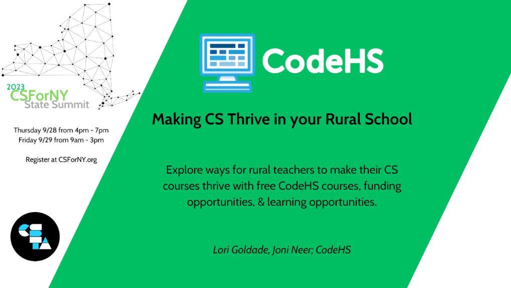 csta_nyc's tweet photo. Join @CSPD_Specialist &amp;  @lori_audade to explore ways for rural teachers to make their CS courses thrive with free @CodeHS courses, funding opportunities, &amp; learning opportunities. Check this session out &amp; more at #CSForNY Summit Th 9/28 &amp; Fri 9/29 https://t.co/bohCnZbTdz https://t.co/y1Cbd8i4Oa
