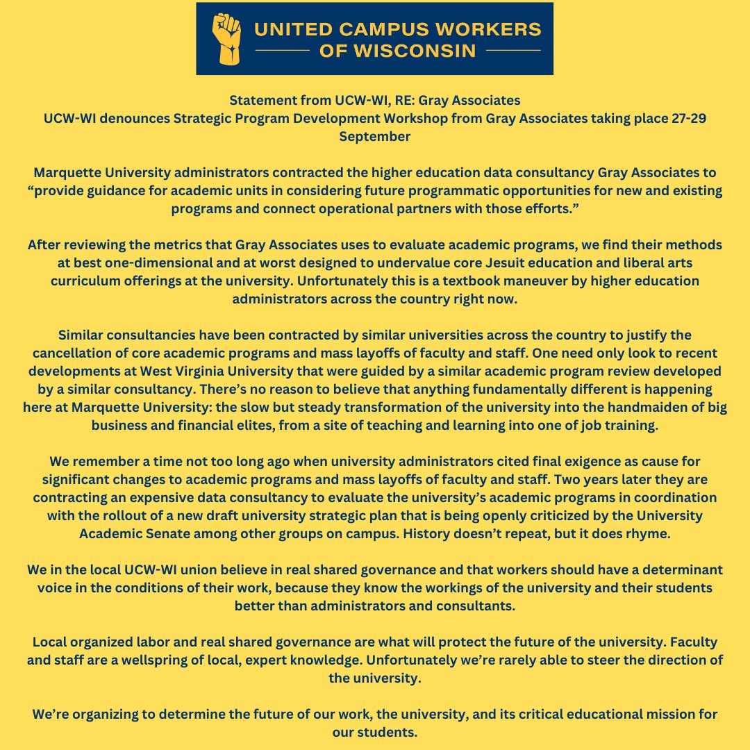 MarquetteUnion's tweet photo. TL;DR MU attempts to justify cuts with the help of third-party consultants. The writing is on the wall. Unions are our past and our future. https://t.co/l0zXyxDKTH