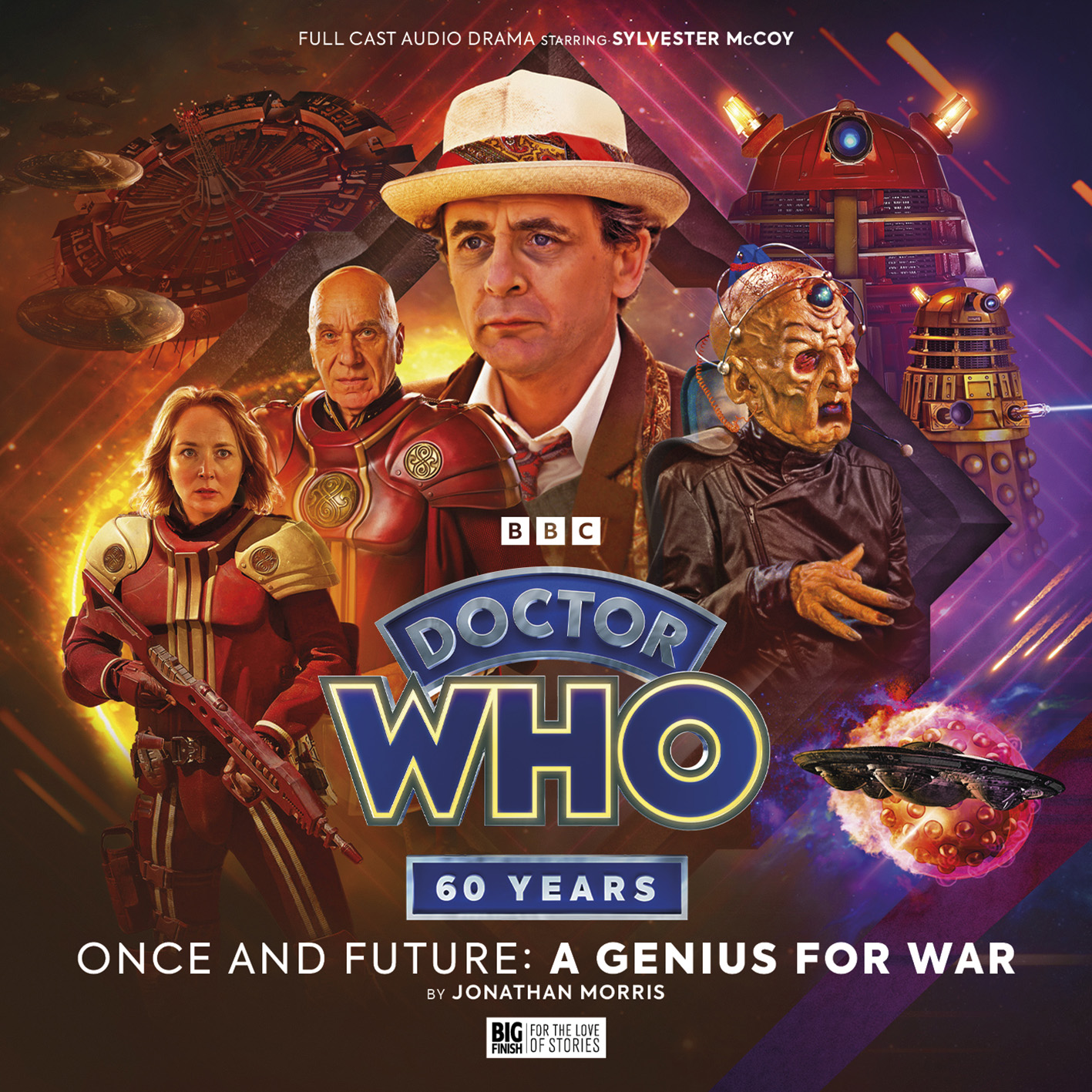 Cover artwork for Doctor Who - Once and Future: A Genius For War by Lee Johnson. From left to right on the cover are Commander Veklin, the Time Lord General, the Seventh Doctor and Davros. In the background are several Dalek ships, a red and a gold Dalek.
