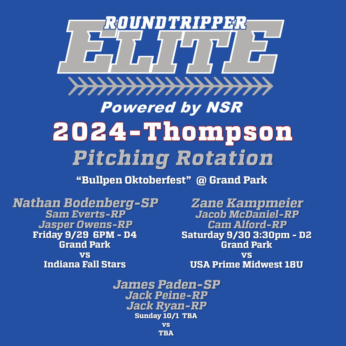 RoundTripperAca's tweet photo. RT Elite 18U-Thompson's pitching rotation for this weekend's "Bullpen Oktoberfest" at @GrandParkSports https://t.co/bbcwrbZBRF