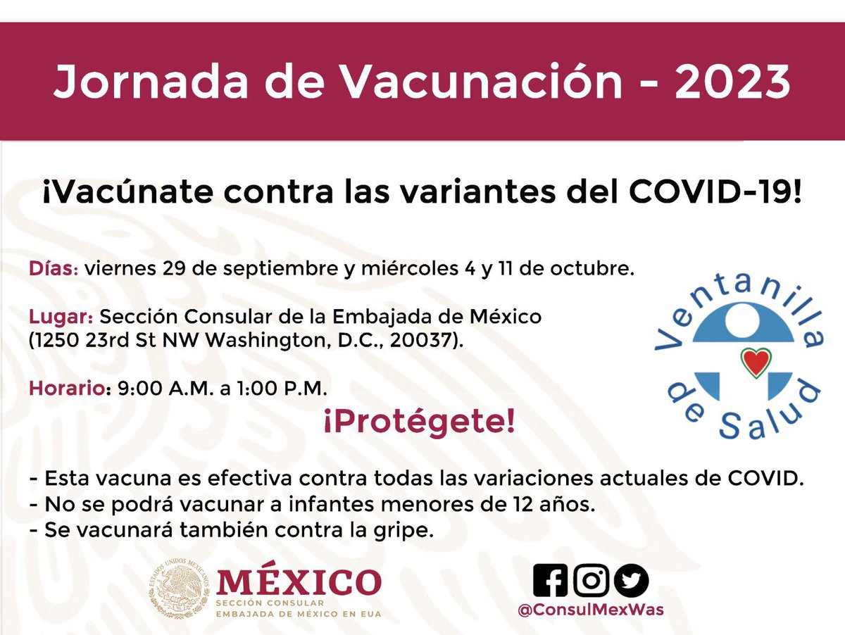ConsulMexWas's tweet photo. 💉¡Vacúnate gratis contra el COVID-19 e influenza! 

🗓️ Te esperamos este viernes 29 de septiembre, el miércoles 4 y el miércoles 11 de octubre. 

⏰De 9 am a 1 pm. 

🔎 Esta vacuna actualizada es efectiva contra todas las variantes actuales de COVID.

¡Cuidémonos! 
#SBS2023 https://t.co/fl8nfnRFS4