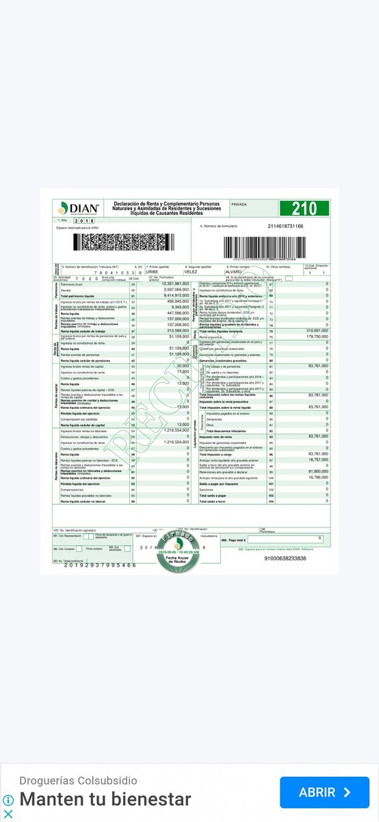 Aquí la declaración de ALVARO URIBE VELEZ el hombre más rico de Colombia y no pagó un solo peso de impuestos después que dejó arruinado  al país, quien es el mantenido ? <a href="/SANTAMARIAURIBE/">José Miguel Santamaría Uribe</a>