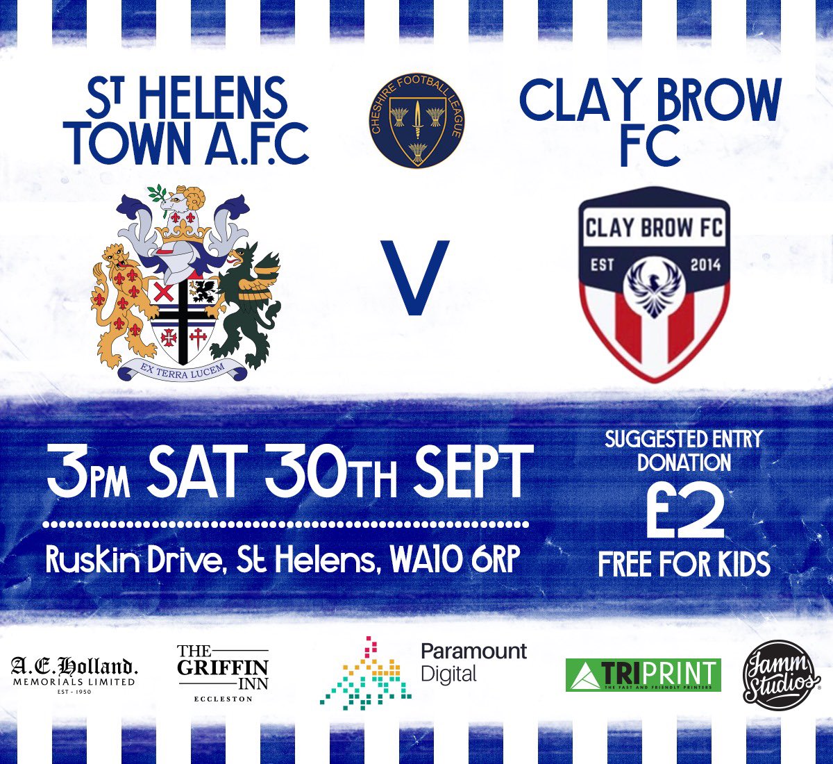 sthelenstownfc's tweet image. 🔵⚪️Saturday’s the day we play the game🔵⚪️
🆚 @ClayBrowfc 
🗓️Sat 30th
⏱️3PM
📍Ruskin Drive, St Helens, WA10 6RP
🏆 @CheshireFL 
@PDigitalLtd @thegriffininn @aehollands @REDS_cafe @Triprint1 @JammStudios @WindleLabour #TownTeam #ExTerraLucem