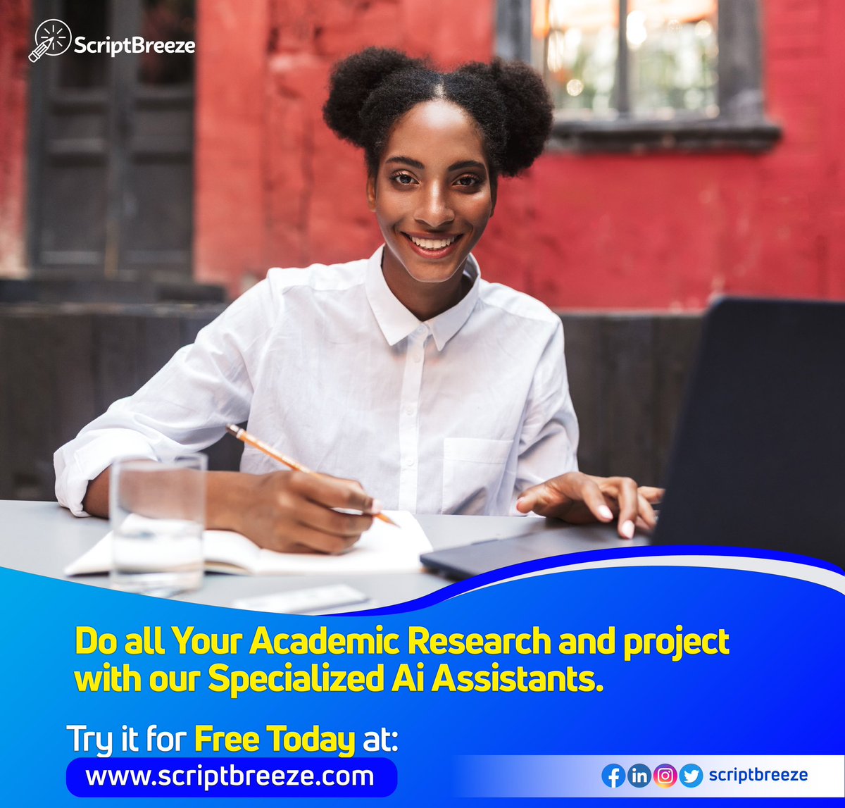 ScriptBreeze's tweet image. Do all your academic research and assignments with ScriptBreeze. 

With our specialized Ai tools and customization you are assured of getting accurate results.

Try it for Free today.
Visit scriptbreeze.com

#scriptbreeze #scriptbreezeai #aitools #ChatGPT  #aiwebsites