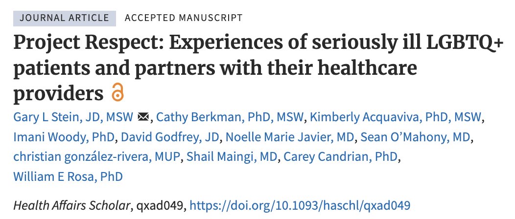🚨🏳️‍🌈Our new @Health_Affairs Scholar paper shows high levels of disrespectful & inadequate care toward n=290 #LGBTQ+ patients & partners🫂, especially among Black & Hispanic patients & those living in politically conservative regions➡️Open access🔗: academic.oup.com/healthaffairss… 🏳️‍🌈