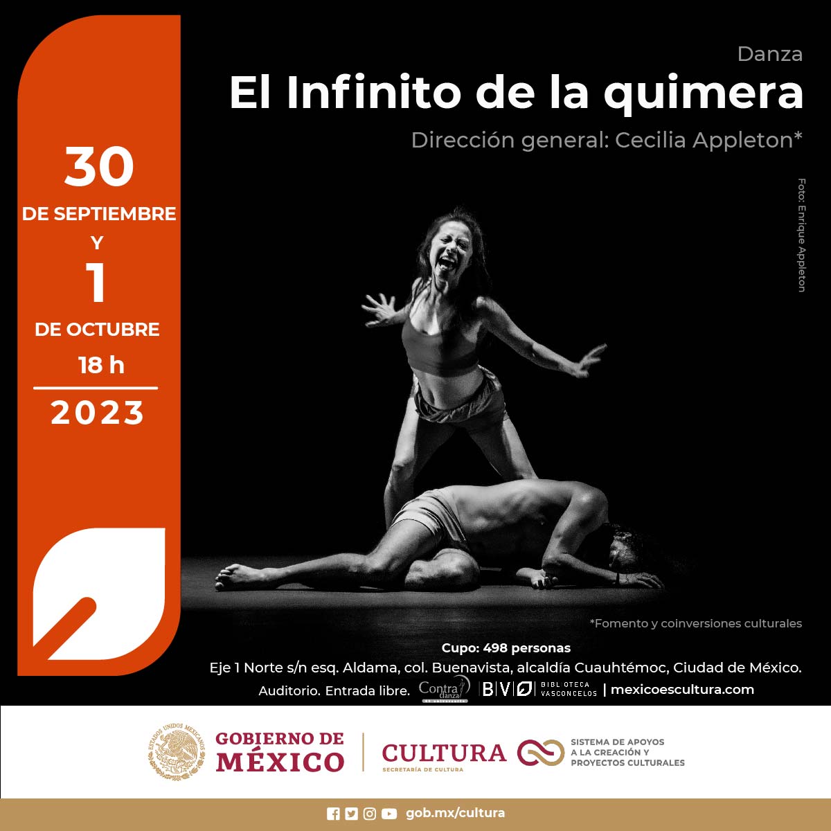 VSCLS's tweet photo. La Biblioteca Vasconcelos presenta #Contradanza: “El infinito de la quimera” bajo la dirección y coreografía de Cecilia Appleton, apoyado por el Sistema Nacional de Creadores (SNCA). Te esperamos en el auditorio de la Biblioteca a las 18 h Los días 30 de septiembre y 1 octubre. https://t.co/dASMDze2Pd