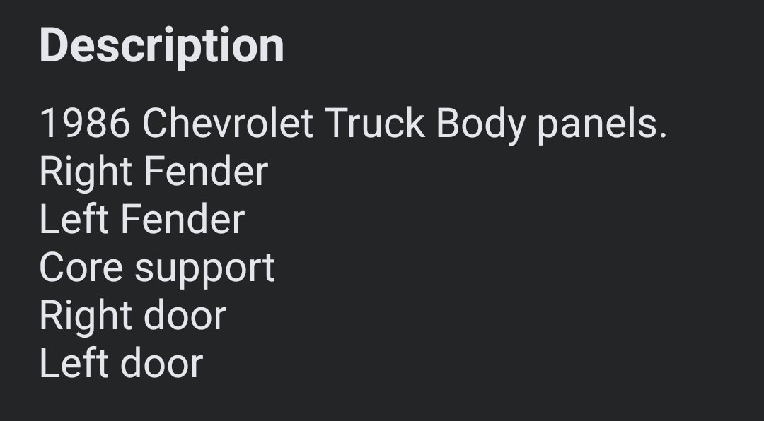 NordEndAuto's tweet photo. Description
1986 #Chevrolet #Truck Body panels.
Right #Fender
Left Fender
Core support
Right door
Left door
#trucker #Chevy #c10 #GM #Chevrolet #carpart #parts https://t.co/5Wa0WGHAis