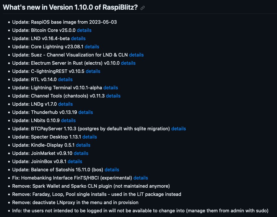 ⚡ Version 1.10.0 of RaspiBlitz released ⚡

Many stability fixes &amp; updates: Bitcoin 25.0.0, LND 0.16.4, Core Lightning 23.08.1, LNbits 0.10.9, JAM (JoinMarket WebUI) .. and an experimental FinTS/HBCI home banking interface.

Download: github.com/raspiblitz/ras…