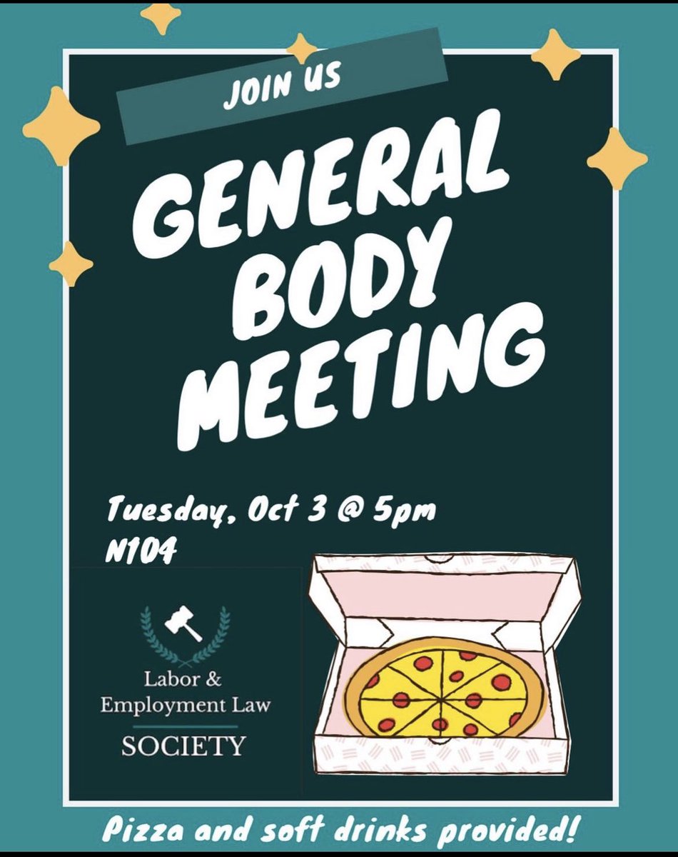 WCL_LELS's tweet image. Pizza, soda, and labor and employment law. What more could you ask for? Join us next Tuesday at 5 for our first general body meeting of the year!