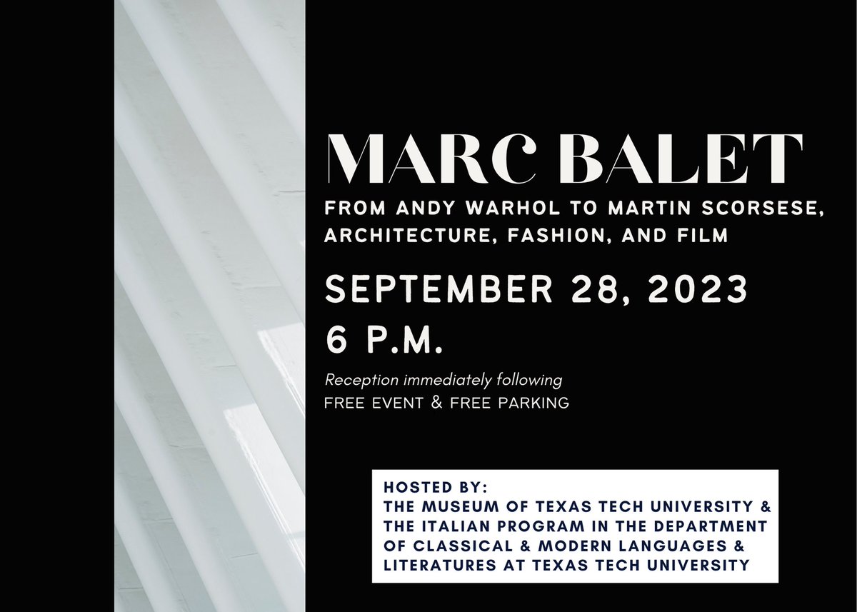 Join us this evening at 6 p.m. for a fascinating lecture from one of fashion and film's most influential minds. This is a FREE event with a reception immediately following.

#museumTTU #marcbalet #fashion #architecture #andywarhol
