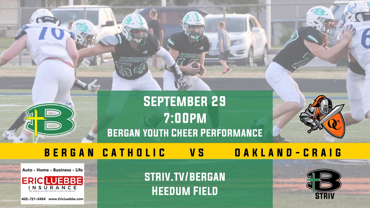 Bergan Knights Striv (@berganknights) on Twitter photo Friday Knight Lights! Be there or check out the live stream at striv.tv/bergan We are adding instant reply so look for that! #strivschools <a href="/bergancatholic/">Bergan Catholic School</a> <a href="/bergansports/">Bergan Activities</a> <a href="/strivsports/">Striv Sports</a> Thanks to our featured sponsor #EricLuebbeInsurance Friday Knight Lights! Be there or check out the live stream at striv.tv/bergan We are adding instant reply so look for that! #strivschools <a href="/bergancatholic/">Bergan Catholic School</a> <a href="/bergansports/">Bergan Activities</a> <a href="/strivsports/">Striv Sports</a> Thanks to our featured sponsor #EricLuebbeInsurance