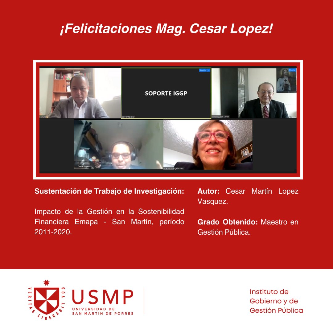 IGGP_USMP's tweet photo. Nos alegra mencionar que el día 20 de setiembre de 2023 nuestro alumno Lopez Vasquez Cesar Martin sustentó su Trabajo de Investigación obteniendo el resultado de aprobado - Maestro en Gestión Pública.
¡Felicitaciones Magíster!
#iggp
#USMP https://t.co/nDyPGz4JkN