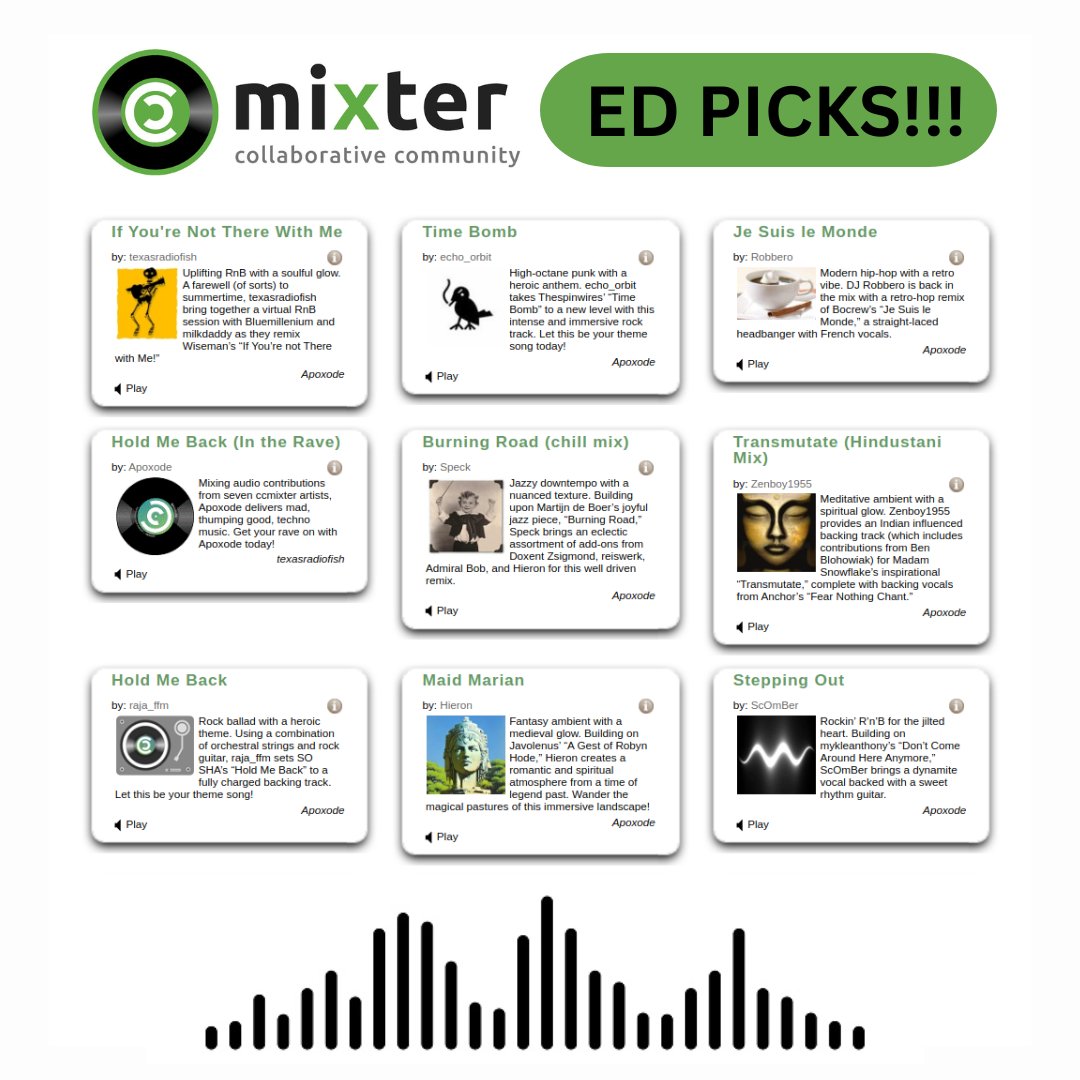 🎶These are the remixes that our Editorial team picked as their favorite uploads of the month!  🎤✨Get your favs here: ccmixter.org/editorial/picks

#ccmixter #remixculture #artistechmedia
#digccmixter #edpicks #mixversation #musiclovers #musicsalad