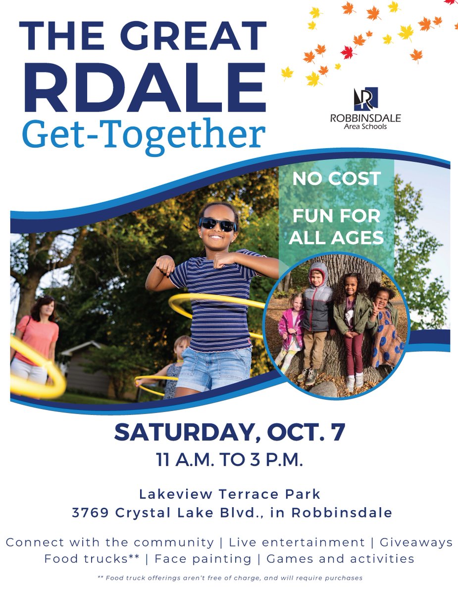 ⚠️🥳 Save the date for the Great Rdale Get-Together! Join us from 11 a.m. to 3 p.m. on Saturday, Oct. 7, at Lakeview Terrace Park in Robbinsdale. Connect with the community, enjoy games and activities, live entertainment and more. All the info: bit.ly/46MvrDZ | #Rdale281