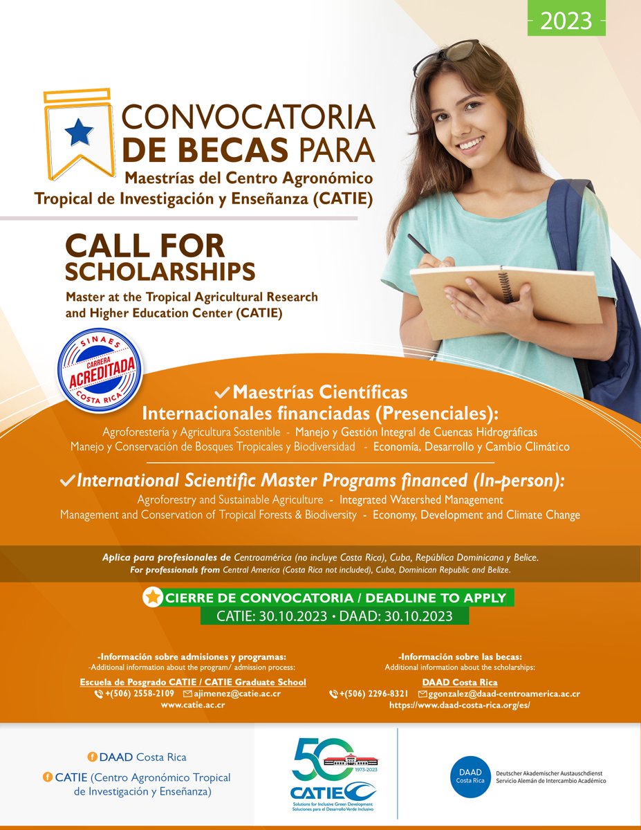 DAAD_CA's tweet photo. ¡CONVOCATORIA ABIERTA en nuestro Programa Regional para el CATIE (CR)!  - Agroforestería - Gestión y conservación de los bosques tropicales - Gestión integrada del agua - Economía, desarrollo y cambio climático Fecha límite de aplicación: 31.10.23 https://t.co/8zBU2dr1cm https://t.co/S9K0tJGvPU