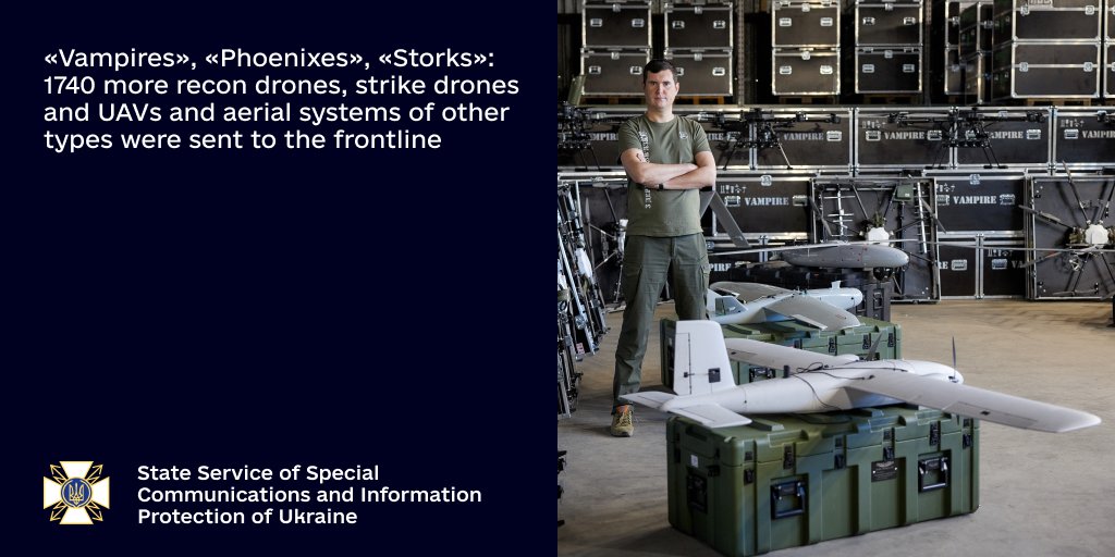 SSSCIP's tweet photo. 🔥 «Vampires», «Phoenixes», «Storks»: 1740 more recon #drones, strike drones and UAVs and aerial systems of other types were sent to the frontline👇
🌐 https://t.co/aA6aMYSUot
#ArmyOfDrones
#copters https://t.co/DkUa2jyLJw