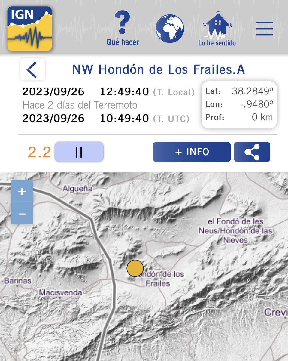 GeografiaUa's tweet photo. Abans d'ahir, a les 23:45 h. local, es va registrar un moviment sísmic amb epicentre al Fondó dels Frares, que s'ha sentit ampliament a la comarca del Vinalopó Mitjà.

#terratremol #terremoto #sisme #sismo #fondodelsfrares #hondondelosfrailes #vinalopo #geografia #geografiaua https://t.co/p7bcmMgIn5
