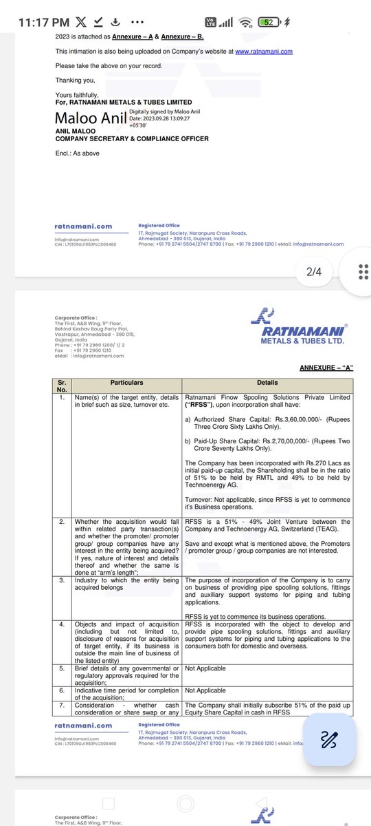 Ratnani Metals & Tubes Ltd has incorporated subsidiary company namely 'Ratnamani Finow Spooling Solutions Pvt Ltd.'

It is JV between Ratnamani metals and Technology AG, Switzerland which holds 49%.