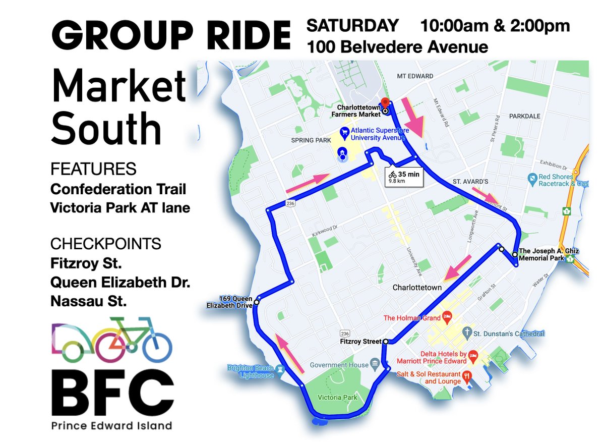 bfcpei's tweet image. Come to the Charlottetown Farmers Market this SATURDAY at 10am &amp;amp; 2pm to take a spin around Downtown, Victoria Park, and Brighton!  Whether you ride everyday, or haven't had yours out of the shed this year, this route is for everyone. We’ll go at an easy pace for 45-60 min