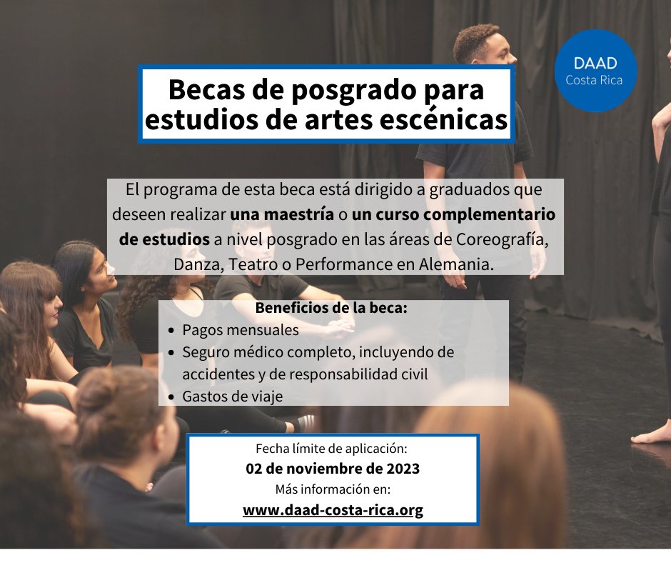 DAAD_CA's tweet photo. SIGUE ABIERTA la #convocatoria: #Becas para artistas en área de artes escenicas. Se dirige a graduados que quieren realizar una maestría o un curso complementario de estudios a nivel posgrado en #Alemania.  Cierre de convocatoria previsto: 02/11/23 Más: https://t.co/8zBU2dqtmO https://t.co/GSgiOriTVU