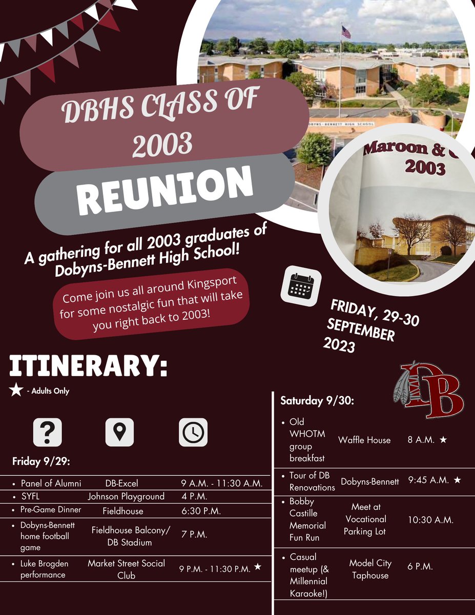 Brogden_DBEXCEL's tweet photo. Great job to Junior Addison Perry for making the official flyer for this weekend's Class of 2003 20-year reunion at main campus! #digitalarts https://t.co/5YqSSC7zYh