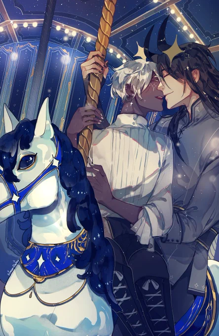 Really happy with how this turned out!!Polaris and Yildun enjoying a carousel ride <3If you'd like to receive this as a postcard, join the 20 dollar tier before the end of the month ^^#StarCrossed 