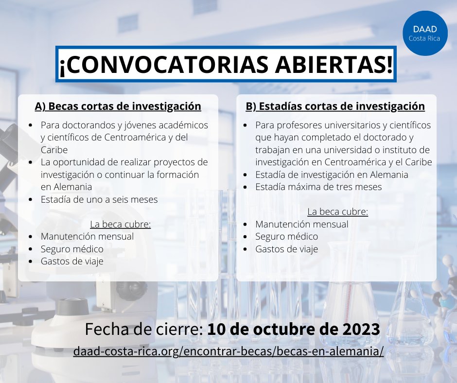 DAAD_CA's tweet photo. FALTAN POCOS DIAS: ¡CONVOCATORIA PARA ESTANCIAS DE INVESTIGACIÓN CORTAS EN ALEMANIA! Postúlate todavía hasta el 10 de octubre de 2023! Más información: https://t.co/8zR330iifl https://t.co/gDH3uJBei2