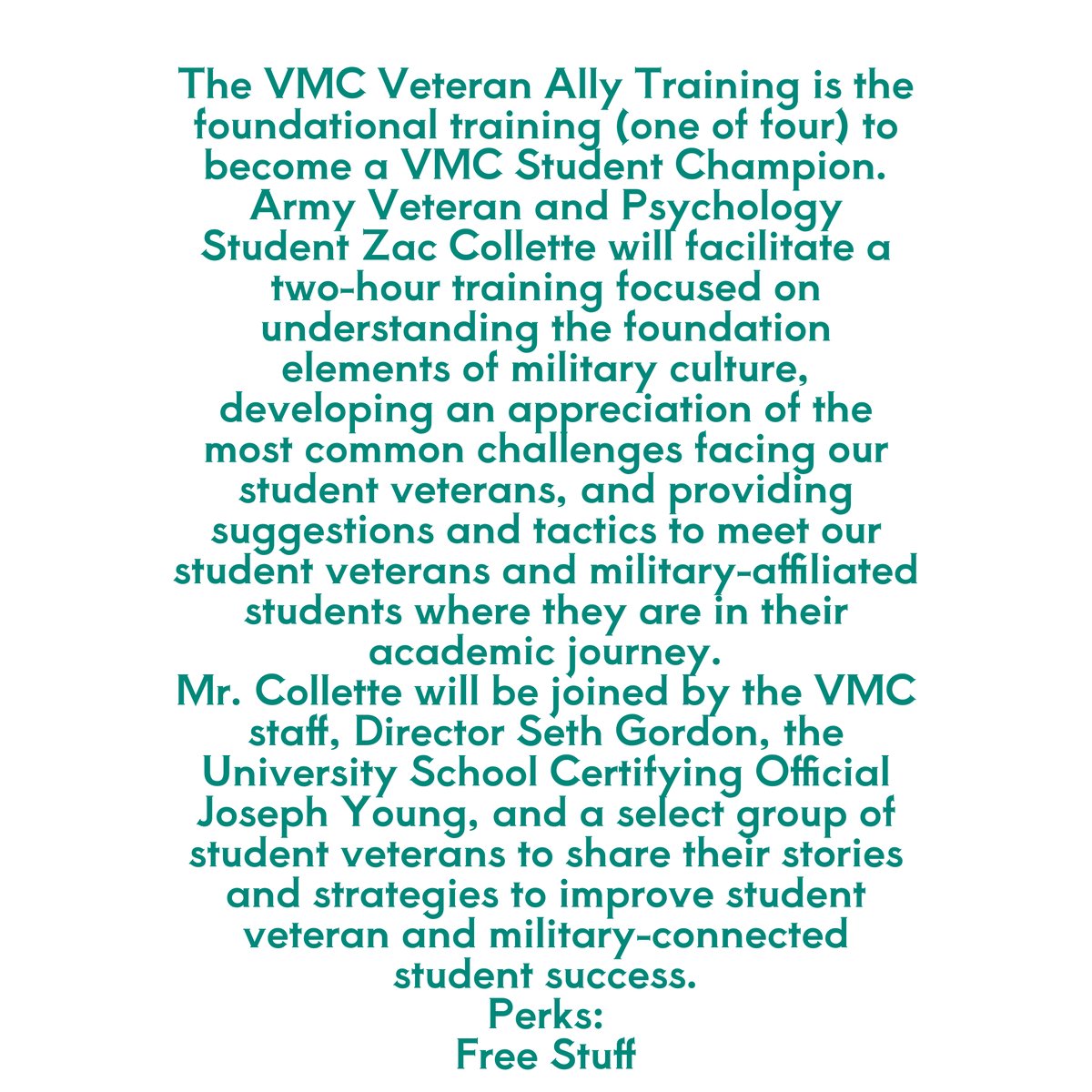 The VMC Veteran Ally Training is the foundational training (one of four) to become a VMC Student Champion. 
Please join our guest speaker Zac Collette, on 9/29 from 2p-4p EDT. 
RSVP: bit.ly/3EVgYJY