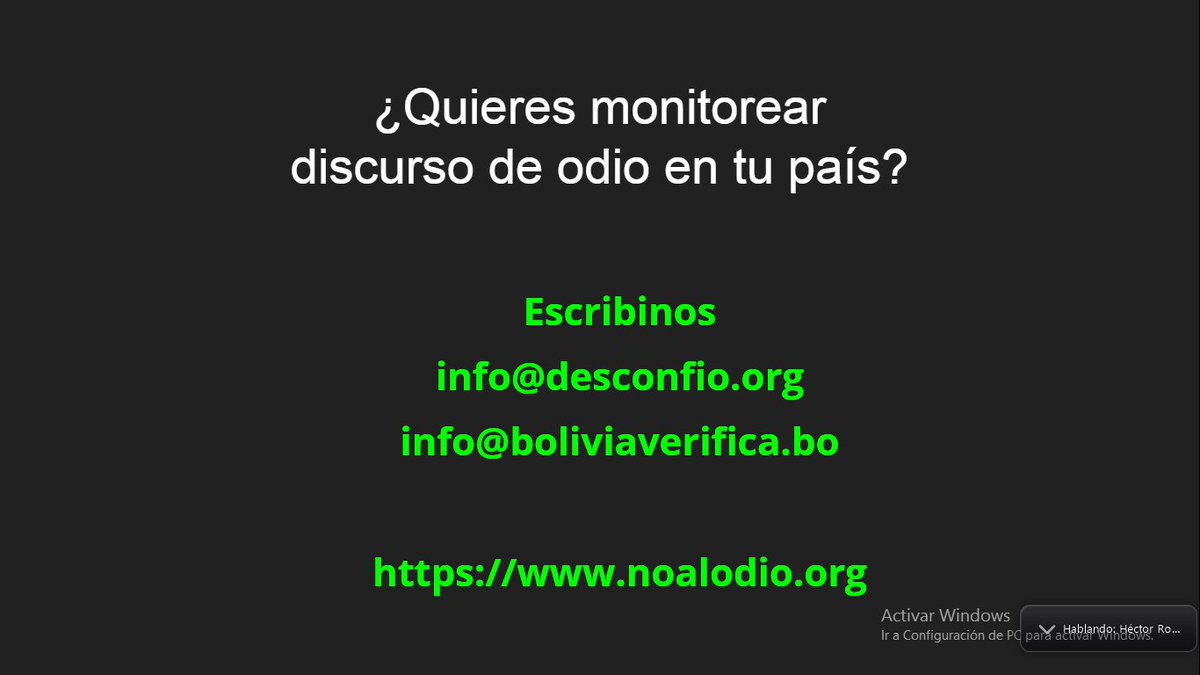 Junto a @BoliviaVerif1ca desde @DesconfioA compartimos los aprendizajes que nos dejó el proyecto de verificación de discurso de odio #NoAlOdio en la @cumbredesinfo 

Ya estamos trabajando para compartir aprendizajes en una #Guía para monitorear discurso de odio. 
Te sumas? 👇