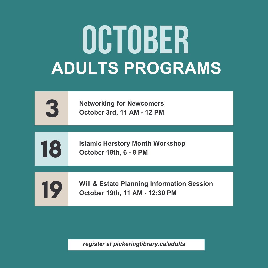 pickeringlibs's tweet image. Are you looking for events to attend this October?  Here are some great programs planned for Adults at Pickering Public Library. If you want to see all the programs scheduled in October, head to pickeringlibrary.ca/adults. 

#pickeringlibrary #pickeringontario #pickeringproud