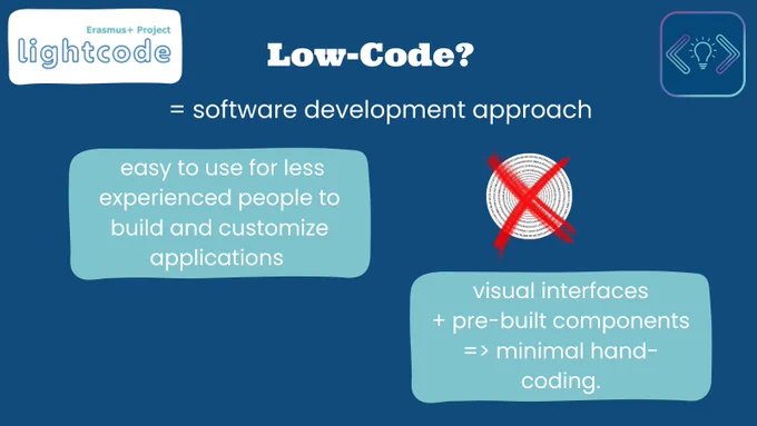Post by LightCode - Erasmus+ Project on September 28, 2023. The logo is shown as well as the project's name and the headline: „Low-Code? = software development approach“. Underneath there is text explaining Low-Code further: „easy to use for less experienced people to build and customize applications; visual + pre-built components => minimal hand-coding“